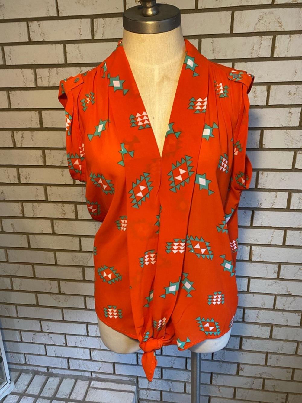 Sequin Hearts Bright Orange Geo Print Tie-Front Sleeveless Blouse